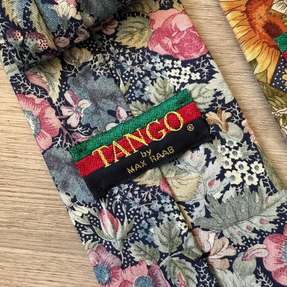 Vintage Y2K Tango Max Raab Woven Cotton Floral Print Ties (2) Made in USA